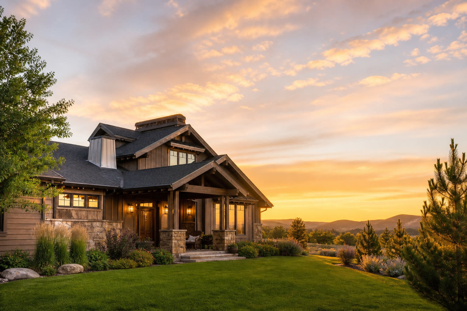 Craftsman home at golden hour under a western sunset sky